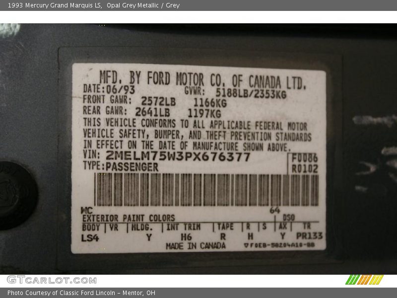 Opal Grey Metallic / Grey 1993 Mercury Grand Marquis LS