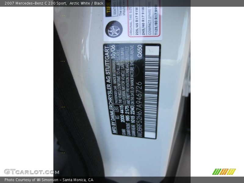 Arctic White / Black 2007 Mercedes-Benz C 230 Sport
