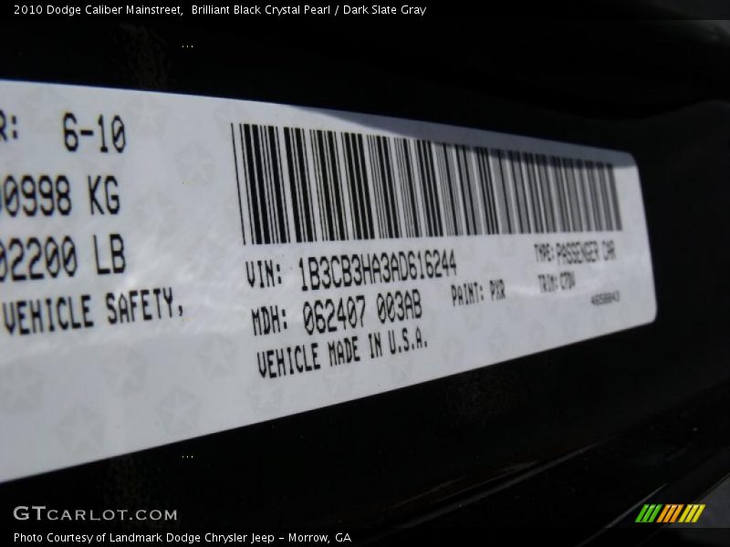 Brilliant Black Crystal Pearl / Dark Slate Gray 2010 Dodge Caliber Mainstreet
