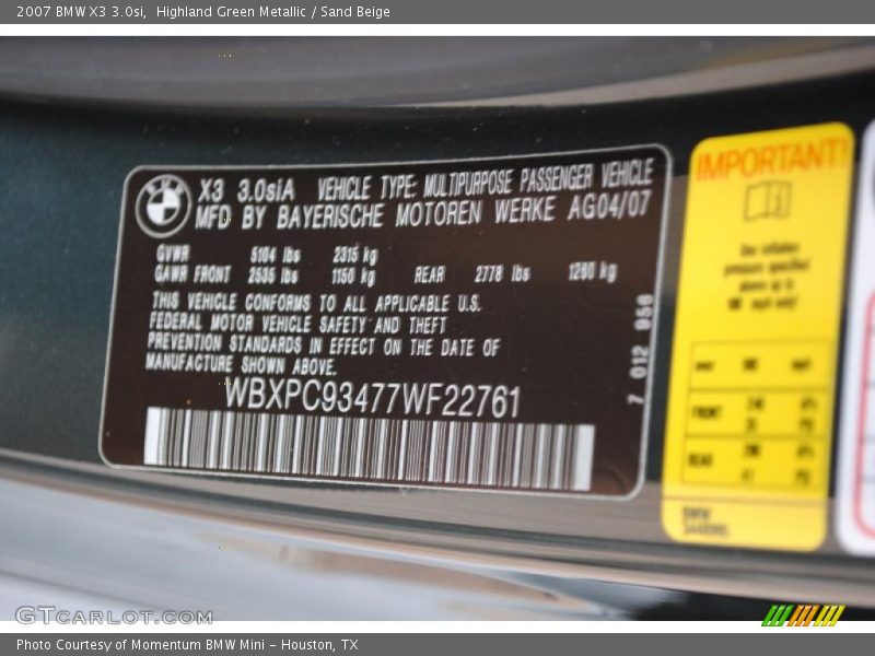Highland Green Metallic / Sand Beige 2007 BMW X3 3.0si