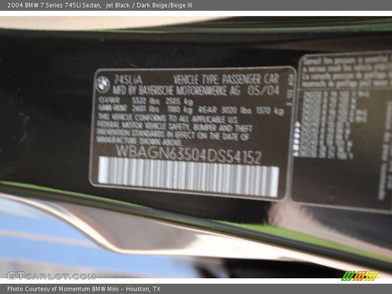 Jet Black / Dark Beige/Beige III 2004 BMW 7 Series 745Li Sedan