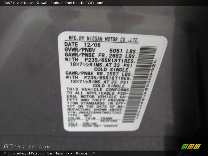 Platinum Pearl Matallic / Cafe Latte 2007 Nissan Murano SL AWD
