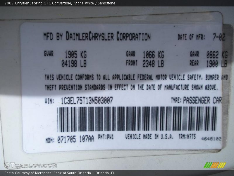 Stone White / Sandstone 2003 Chrysler Sebring GTC Convertible