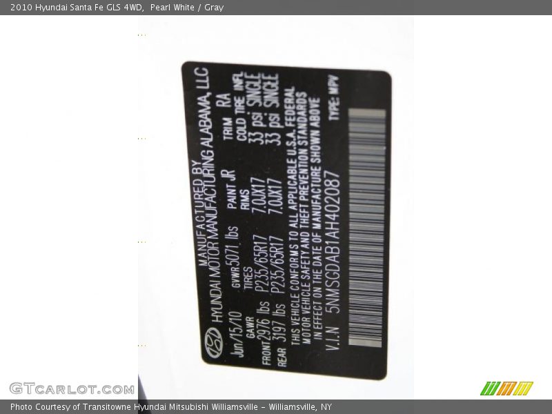 Pearl White / Gray 2010 Hyundai Santa Fe GLS 4WD