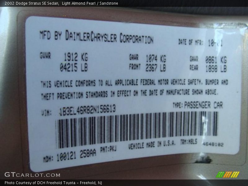 Light Almond Pearl / Sandstone 2002 Dodge Stratus SE Sedan