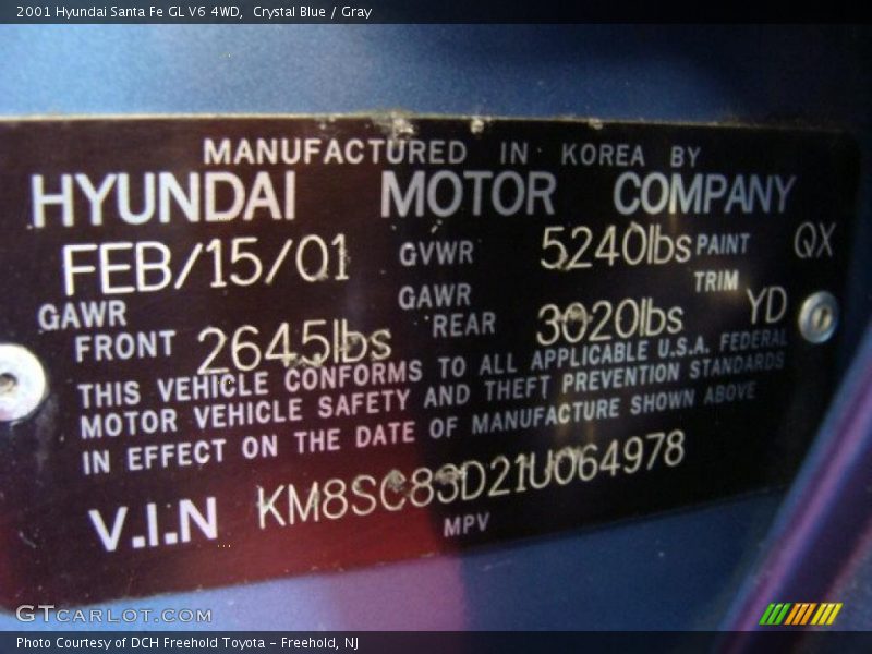 Crystal Blue / Gray 2001 Hyundai Santa Fe GL V6 4WD