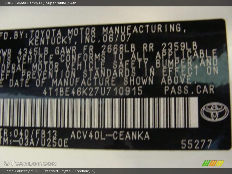 Super White / Ash 2007 Toyota Camry LE