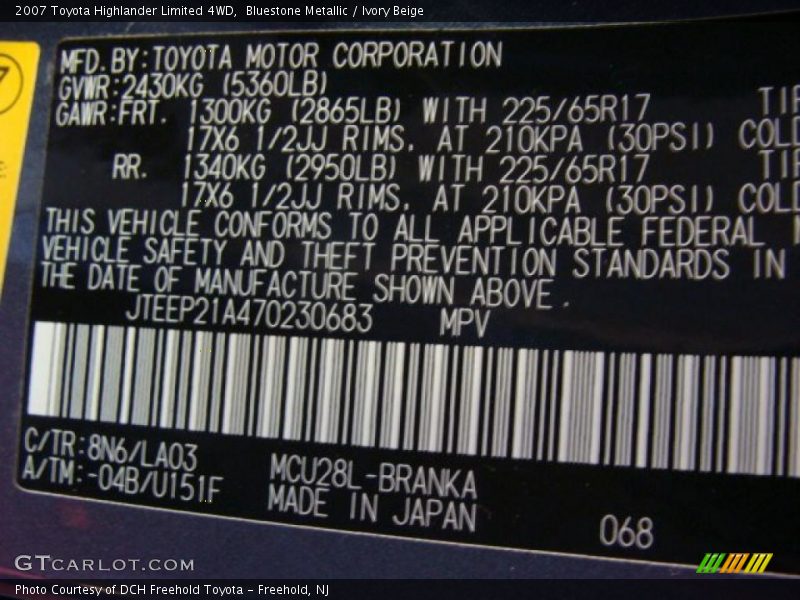 Bluestone Metallic / Ivory Beige 2007 Toyota Highlander Limited 4WD