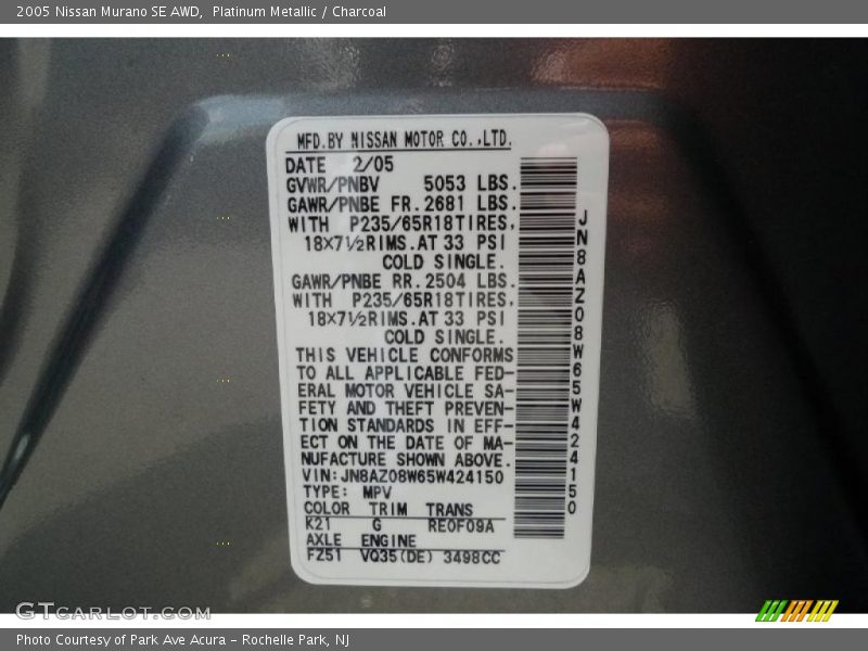 Platinum Metallic / Charcoal 2005 Nissan Murano SE AWD