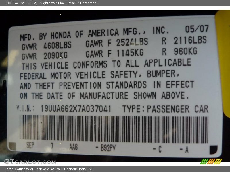Nighthawk Black Pearl / Parchment 2007 Acura TL 3.2