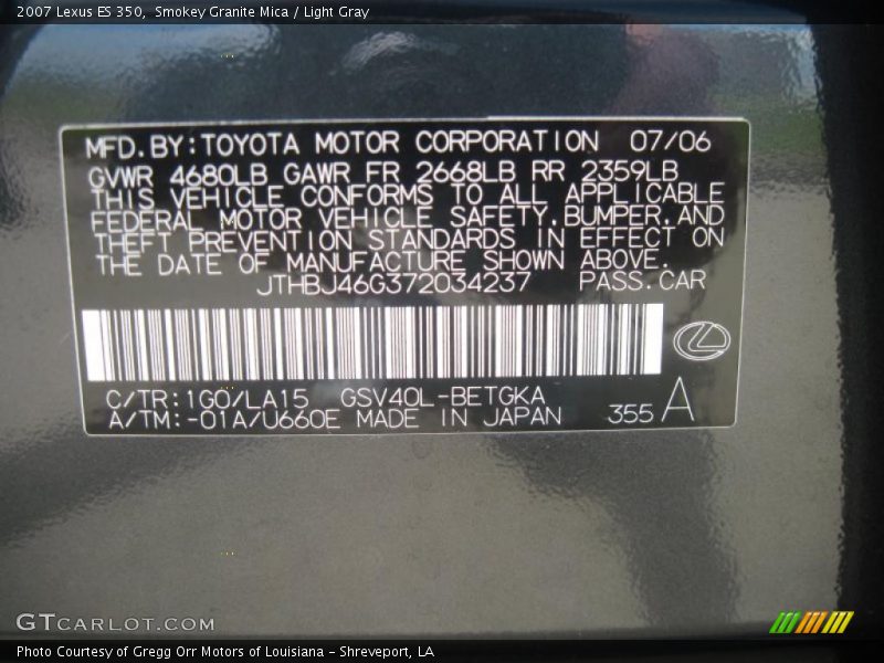 Smokey Granite Mica / Light Gray 2007 Lexus ES 350