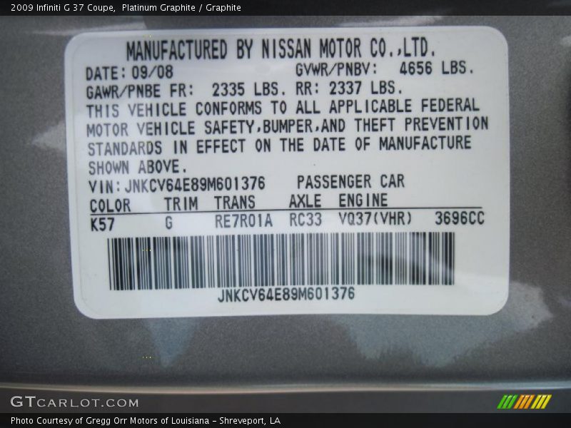 Platinum Graphite / Graphite 2009 Infiniti G 37 Coupe