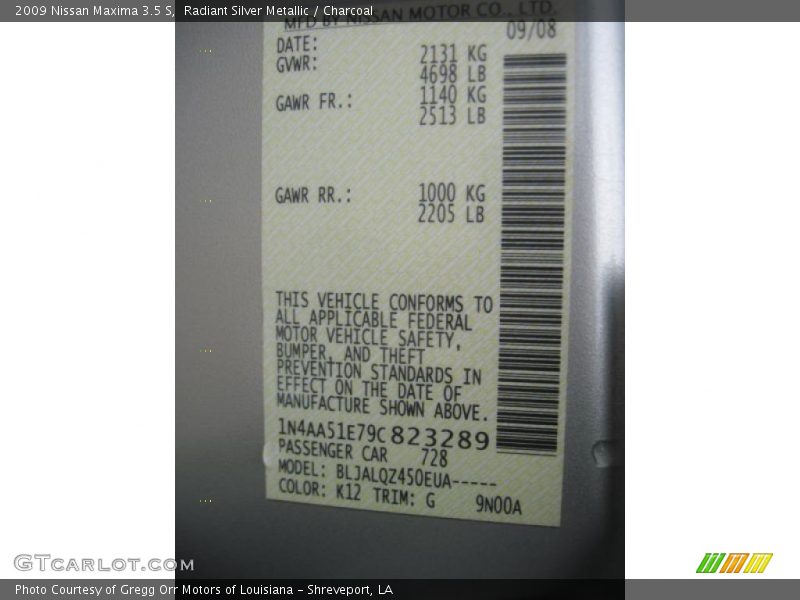 Radiant Silver Metallic / Charcoal 2009 Nissan Maxima 3.5 S
