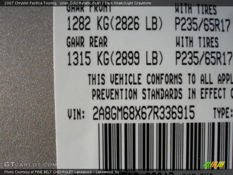 Linen Gold Metallic Pearl / Dark Khaki/Light Graystone 2007 Chrysler Pacifica Touring
