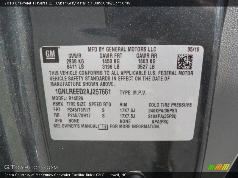Cyber Gray Metallic / Dark Gray/Light Gray 2010 Chevrolet Traverse LS