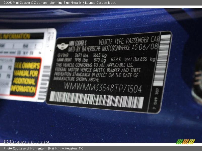 Lightning Blue Metallic / Lounge Carbon Black 2008 Mini Cooper S Clubman