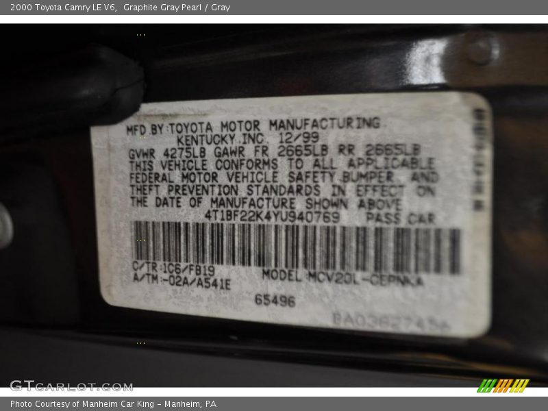 Graphite Gray Pearl / Gray 2000 Toyota Camry LE V6