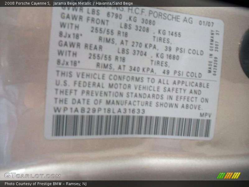 Jarama Beige Metallic / Havanna/Sand Beige 2008 Porsche Cayenne S