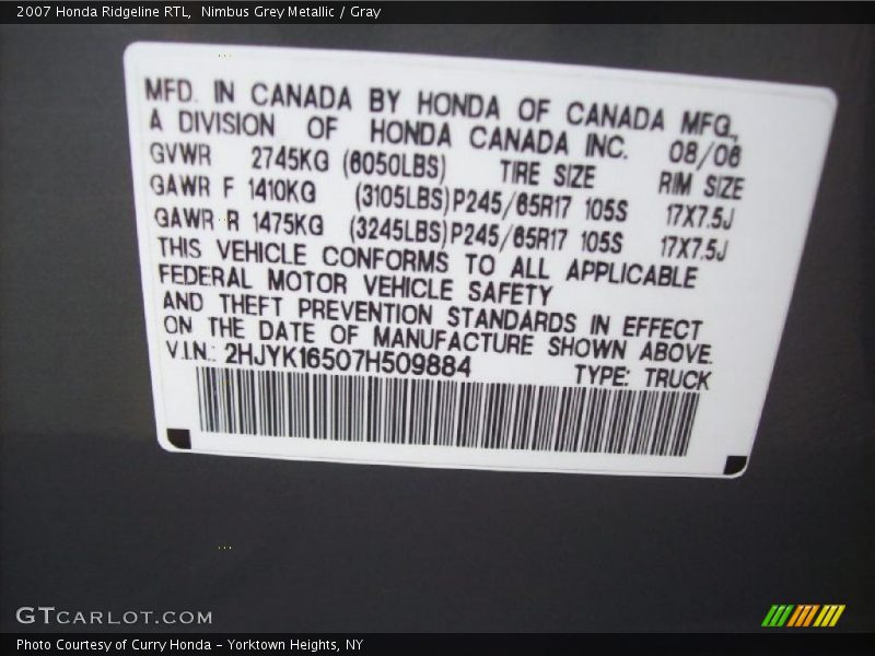 Nimbus Grey Metallic / Gray 2007 Honda Ridgeline RTL
