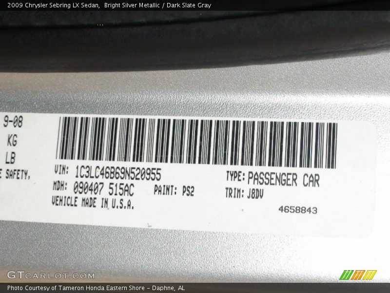 Bright Silver Metallic / Dark Slate Gray 2009 Chrysler Sebring LX Sedan