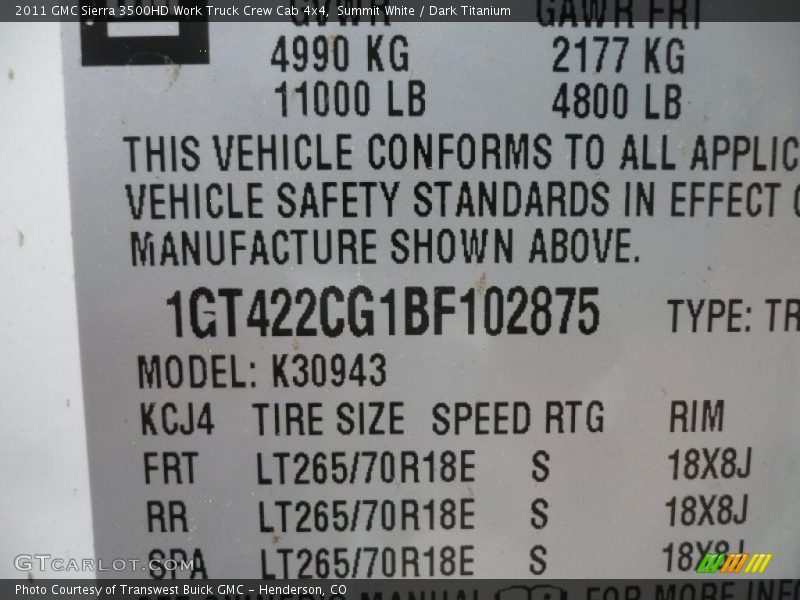 Summit White / Dark Titanium 2011 GMC Sierra 3500HD Work Truck Crew Cab 4x4
