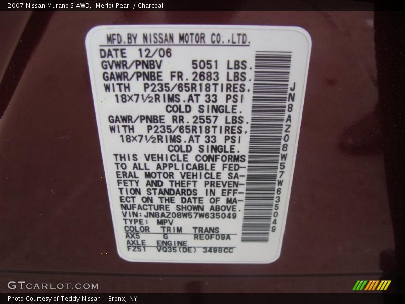 Merlot Pearl / Charcoal 2007 Nissan Murano S AWD