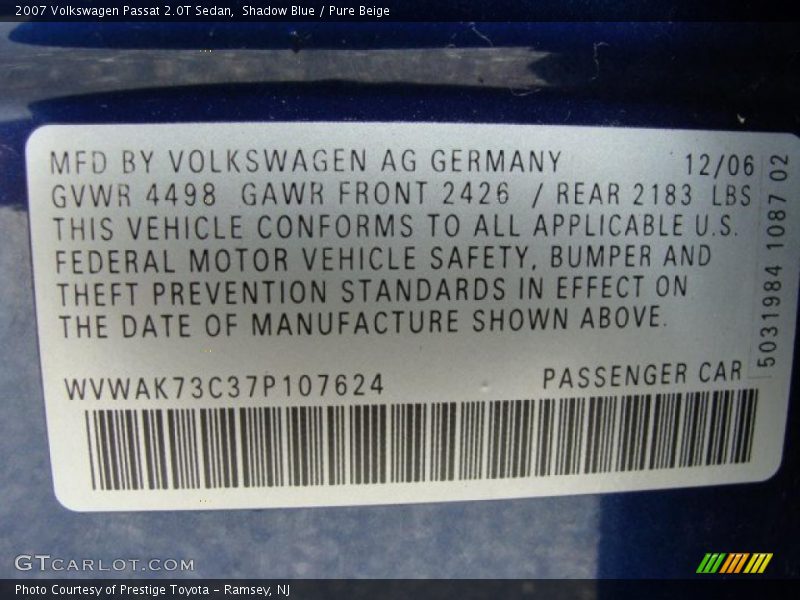Shadow Blue / Pure Beige 2007 Volkswagen Passat 2.0T Sedan