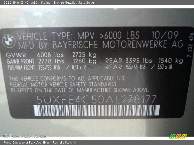 Platinum Bronze Metallic / Sand Beige 2010 BMW X5 xDrive30i