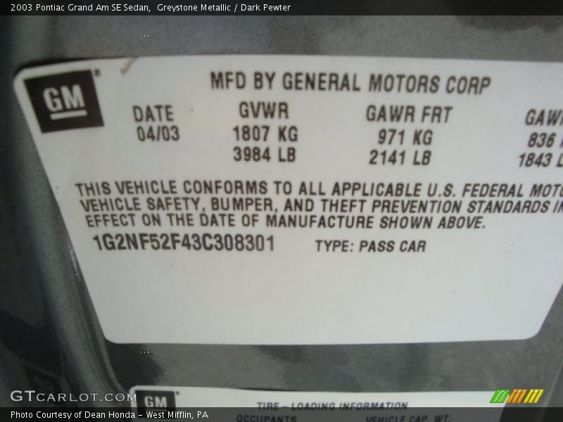 Greystone Metallic / Dark Pewter 2003 Pontiac Grand Am SE Sedan