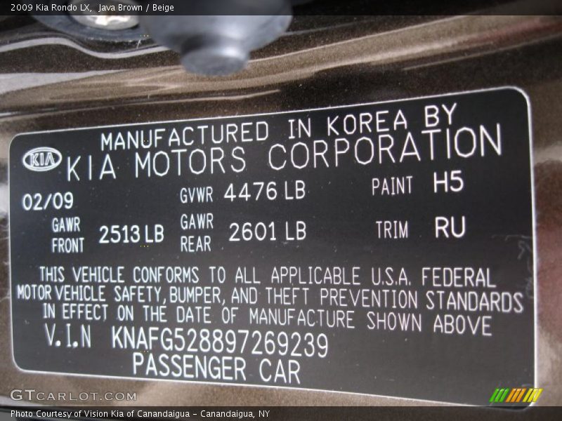 Java Brown / Beige 2009 Kia Rondo LX