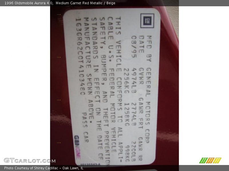 Medium Garnet Red Metallic / Beige 1996 Oldsmobile Aurora 4.0