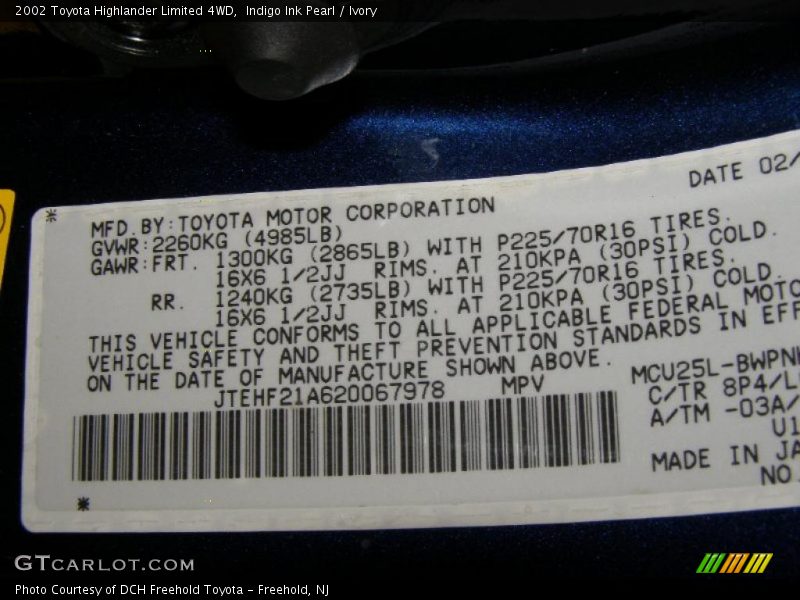 Indigo Ink Pearl / Ivory 2002 Toyota Highlander Limited 4WD