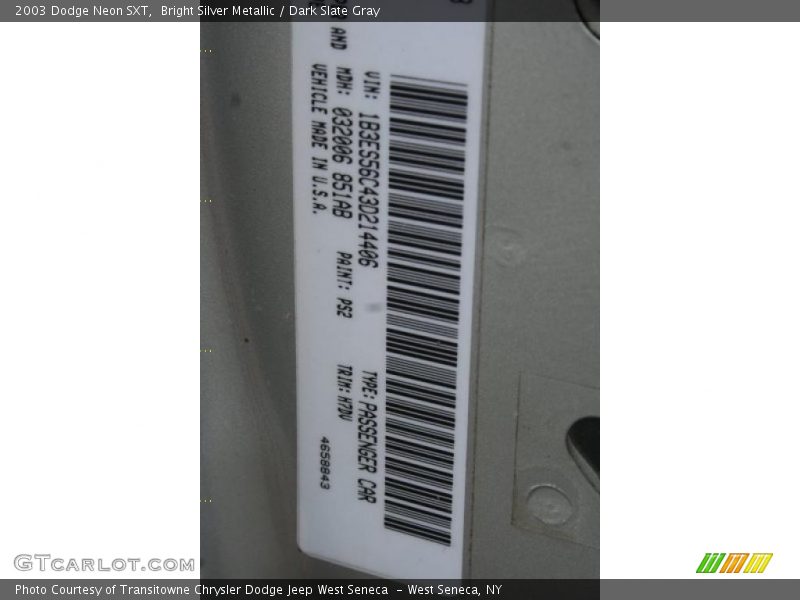 Bright Silver Metallic / Dark Slate Gray 2003 Dodge Neon SXT