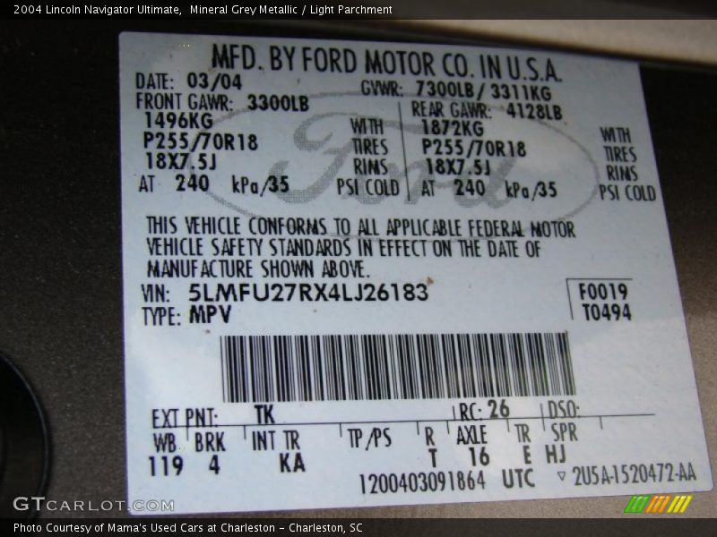 2004 Navigator Ultimate Mineral Grey Metallic Color Code TK
