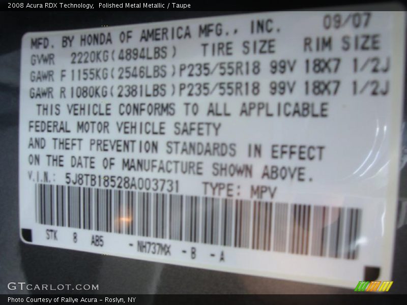 Polished Metal Metallic / Taupe 2008 Acura RDX Technology