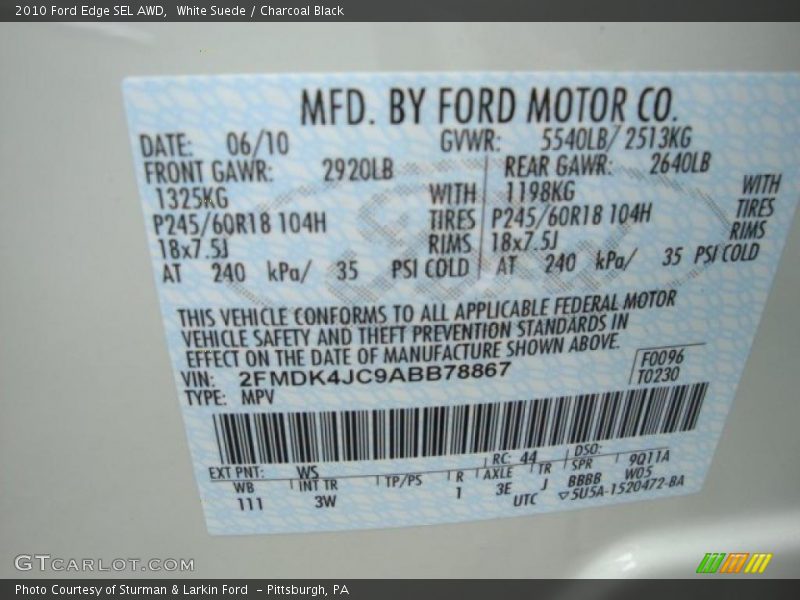 White Suede / Charcoal Black 2010 Ford Edge SEL AWD
