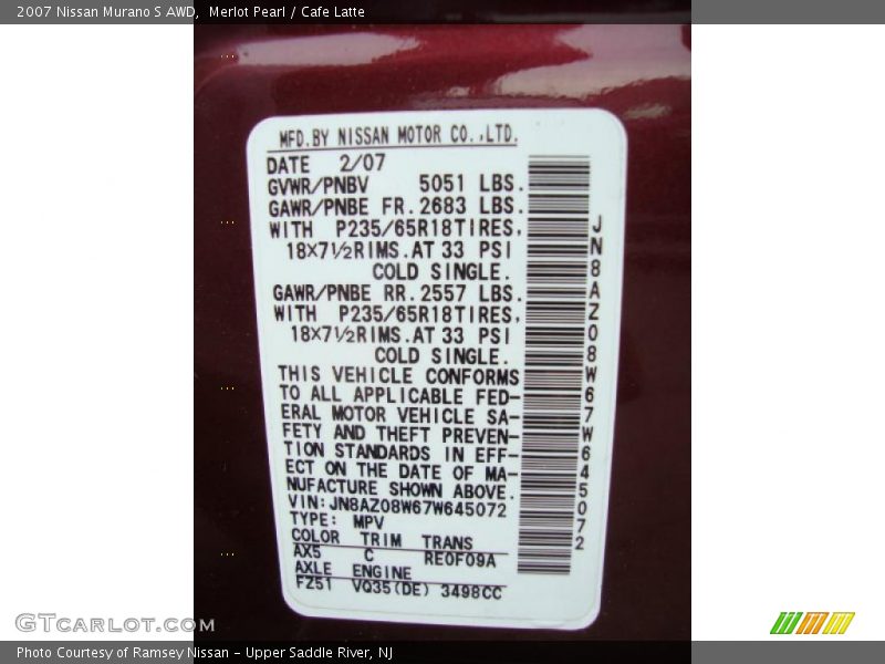 Merlot Pearl / Cafe Latte 2007 Nissan Murano S AWD