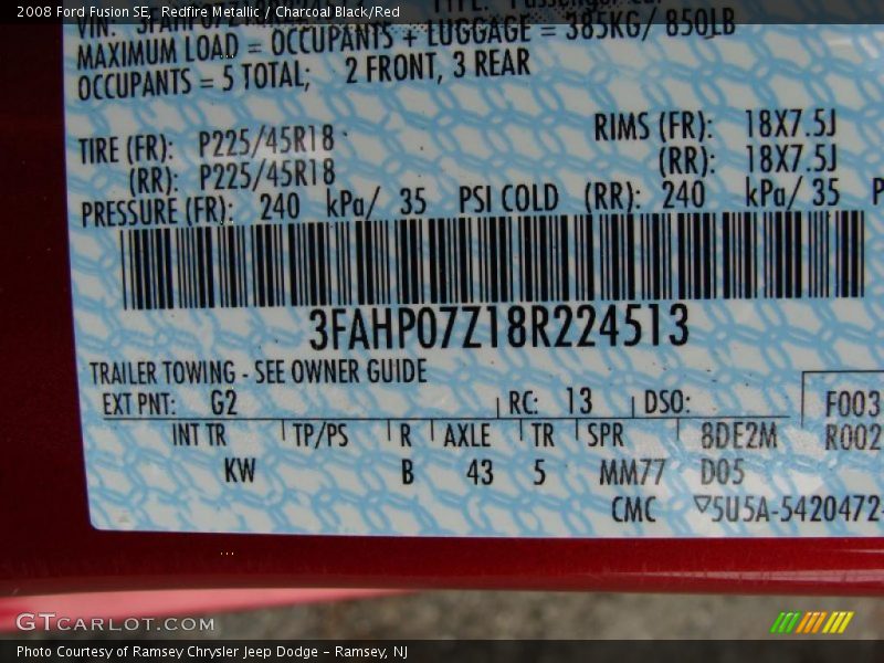 Redfire Metallic / Charcoal Black/Red 2008 Ford Fusion SE