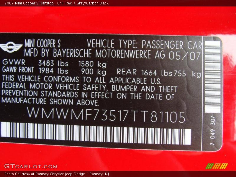 Chili Red / Grey/Carbon Black 2007 Mini Cooper S Hardtop