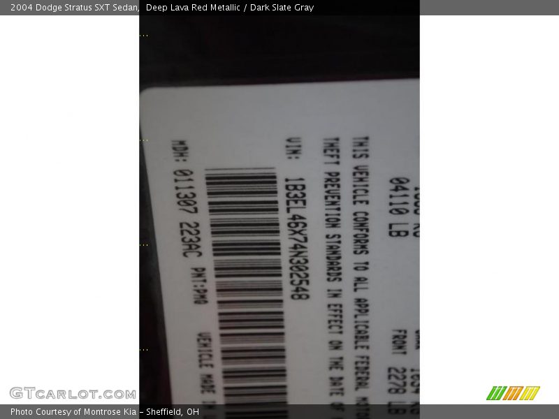 Deep Lava Red Metallic / Dark Slate Gray 2004 Dodge Stratus SXT Sedan