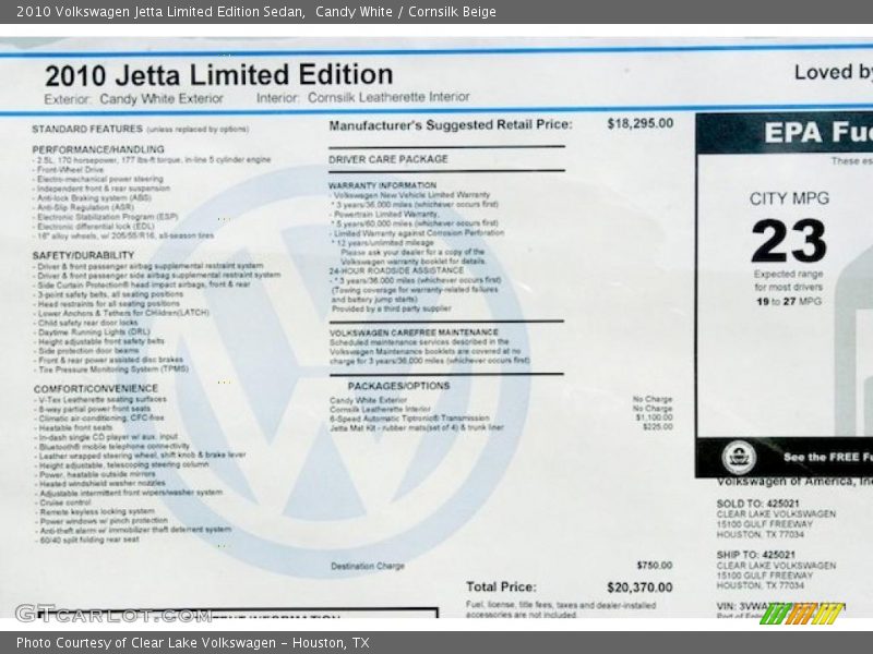 Candy White / Cornsilk Beige 2010 Volkswagen Jetta Limited Edition Sedan