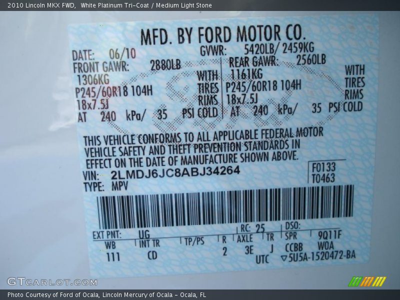 White Platinum Tri-Coat / Medium Light Stone 2010 Lincoln MKX FWD