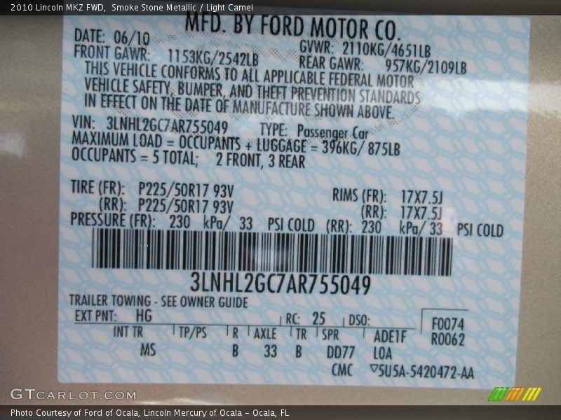 Smoke Stone Metallic / Light Camel 2010 Lincoln MKZ FWD