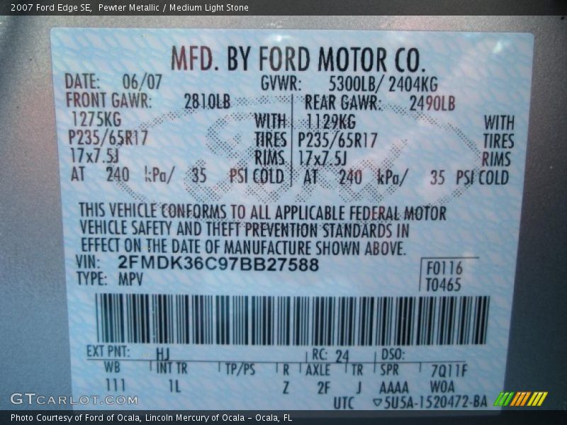 Pewter Metallic / Medium Light Stone 2007 Ford Edge SE
