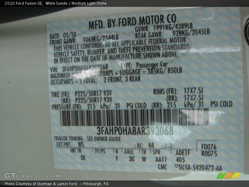 White Suede / Medium Light Stone 2010 Ford Fusion SE