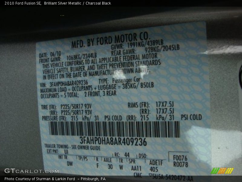 Brilliant Silver Metallic / Charcoal Black 2010 Ford Fusion SE