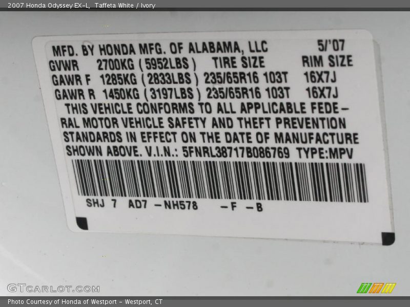 Taffeta White / Ivory 2007 Honda Odyssey EX-L