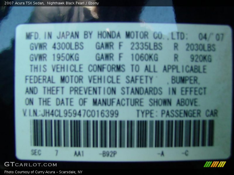 Nighthawk Black Pearl / Ebony 2007 Acura TSX Sedan