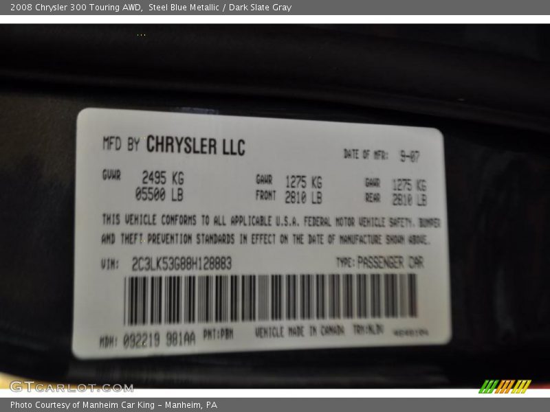 Steel Blue Metallic / Dark Slate Gray 2008 Chrysler 300 Touring AWD