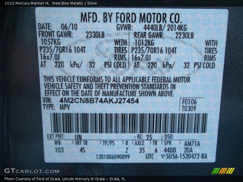 Steel Blue Metallic / Stone 2010 Mercury Mariner I4